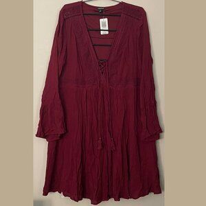 NWT Size 1 Plus Torrid Mini Gauze Lace-Up Skater Dress in Burgundy